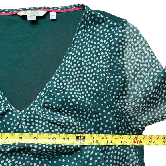 Boden Aubrey Jersey Knit Top Womens US 6 Chiffon Overlay Polka Dot Blouse Green - Picture 8 of 12